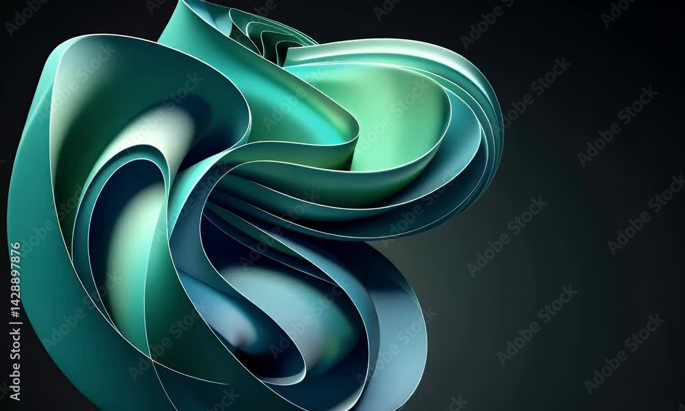 Poster abstract 3d shapes in the colors of dark green and blue, arranged to form an abstract shape that res