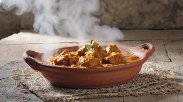 Steaming pork curry in rustic terracotta bowl on jute cloth and wooden table surface with textured background.