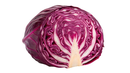 A vibrant, sliced red cabbage showcasing its intricate layers and rich purple color.