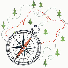 Create a bold, vector illustration of a compass with a winding trail behind it, emphasizing strong, black strokes.  The style should be modern and minimalist. © takasan