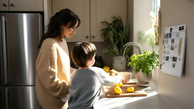 1_Parent and child checking off chore chart in sunny kitchen