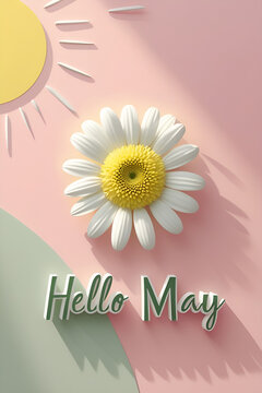 Minimalist Spring Summer Phone Wallpaper with Daisy, Yellow Sun, and "Hello May" Text