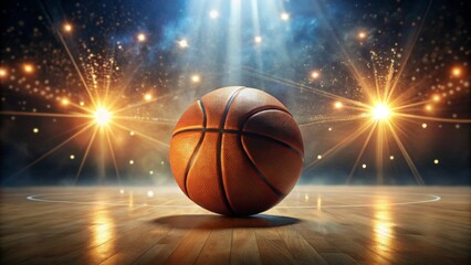 Obraz premium A lone basketball sits center court, bathed in the radiant glow of stadium lights, poised for the next big play.