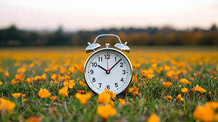 Vintage Alarm Clock In A Field Of Yellow Flowers