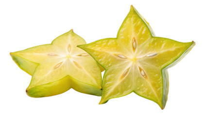 Fototapeta premium Starfruit sliced into two pieces, showcasing its unique star shape and vibrant yellow-green color.