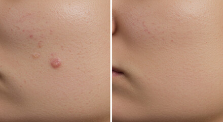 Before and after deep cleansing facial treatment on a young woman, left side with visible acne and oily skin, right side with clear and radiant skin