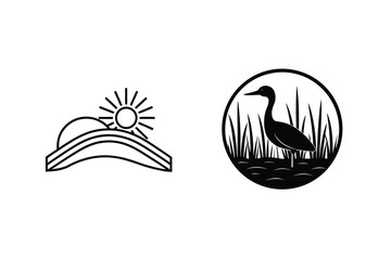 Nature Icons Depicting A Sunset And A Heron In A Marsh Environment