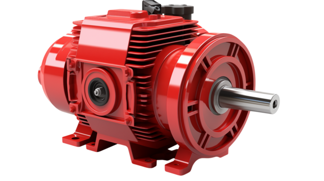 Close up view of a red industrial electric motor on a black background isolated on transparent background	