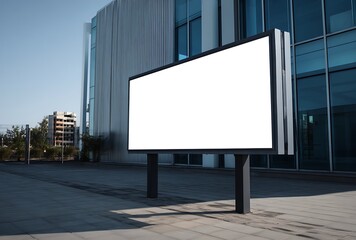 Obraz premium A blank, white billboard on the side of an office building, in daylight,