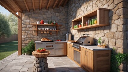 Yard kitchen facade of stone and wood. Outdoor kitchen on a brick patio with barbecue