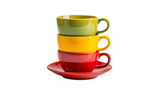 Stack of colorful ceramic cups and a saucer against a black background isolated on transparent background	