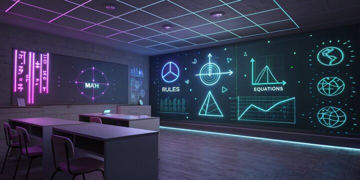 Futuristic Math Classroom with Floating 3D Equations and Holographic Display