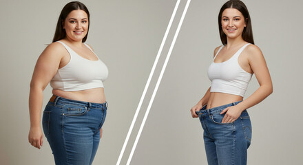 Comparative photo of a woman's full body before and after weight loss, with a white background and a natural appearance.