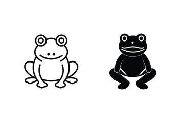 Cute Frog Cartoon Illustration Outline And Silhouette Style Amphibian Vector Design