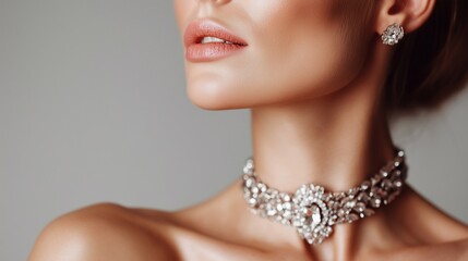 Elegant woman with natural makeup wearing a luxurious diamond choker and matching earrings, highlighting sophistication and glamorous jewelry design in high detail.