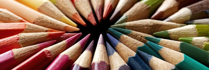 Colorful Pencil Tips Arranged in a Radial Pattern Displaying Vibrant Hues and Sharpness for Artistic Creativity