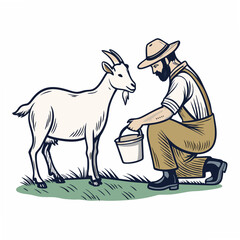 Create a bold vector illustration of a goat farmer milking a goat, emphasizing strong outlines and a rustic style.