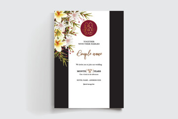 WEDDING INVITATION FRAME WITH FLOWER DECORATIONS AND FRESH LEAVES