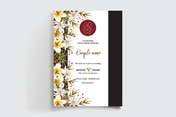 WEDDING INVITATION FRAME WITH FLOWER DECORATIONS AND FRESH LEAVES