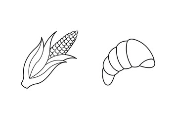 Simple Outline Drawing Of Corn And Crescent Roll Food Illustration
