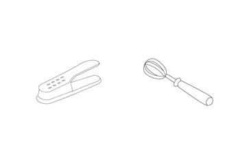 Outline Illustration Of Kitchen Stapler And Whisk Isolated On White Background