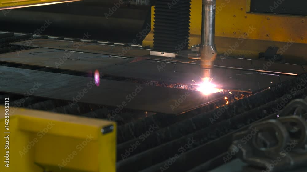 Poster watch as advanced laser cutting technology shapes metal sheets into intricate parts. sparks fly in t