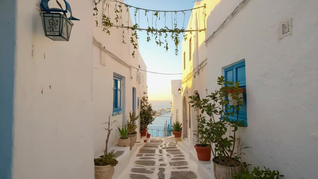 A Picturesque Greek Island Alley: Whitewashed Buildings, Blue Accents, and Golden Sunlight