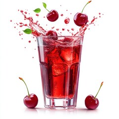 Fresh cherry juice splashing in a clear glass on a bright white background showcasing vibrant red colors and juicy cherries around it
