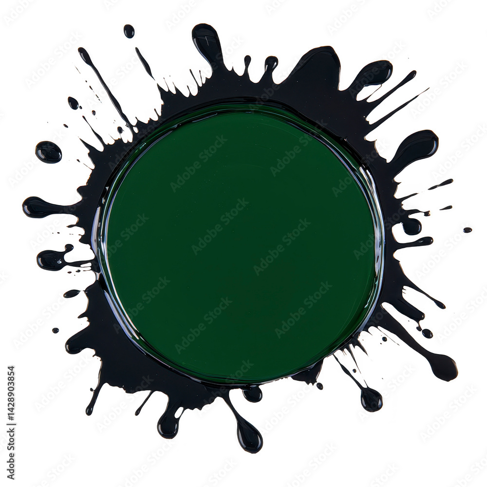 Poster dark green circular paint splash with dynamic splatters creates bold and artistic effect, perfect fo