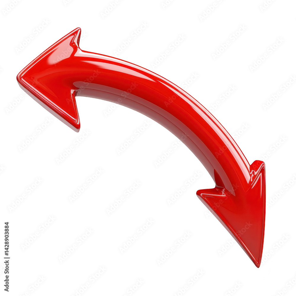 Poster shiny red 3d arrow curves dynamically, pointing in opposite directions, symbolizing movement or choi
