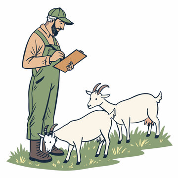 farmer observing goats on green grass clip art preview