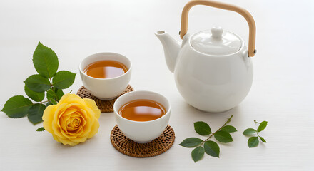 Fototapeta premium White Teapot with Two Tea Cups and Yellow Rose on White Surface for Herbal Refreshment
