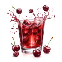 Splashes of cherry juice in a glass with glossy cherries against an all-white background in stunning photorealism