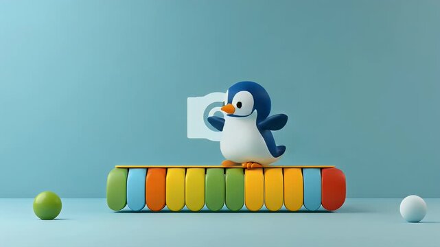 Penguin balancing joyfully on a colorful xylophone with playful expression in a clean indoor setting.
