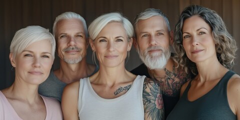 Confident group of mature adults with grey hair and tattoos posing proudly together. Ideal for themes of aging with pride, cancer survival, body art, strength, unity, and modern lifestyles..