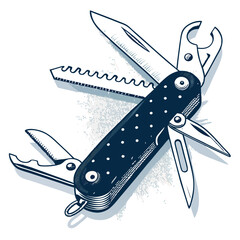 Create a bold, vector illustration of a multitool knife with highly detailed components and strong, contrasting strokes.  Include a realistic depiction of each tool.