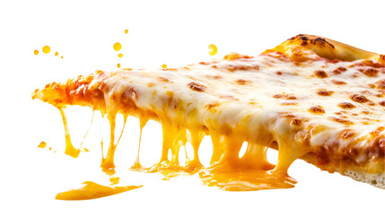 Flying pizza slices on white background with pepperoni, olives, melting cheese, and basil leaves.