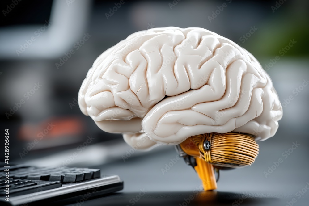 Poster a detailed model of a brain sits next to a keyboard, showcasing a blend of anatomy and technology.