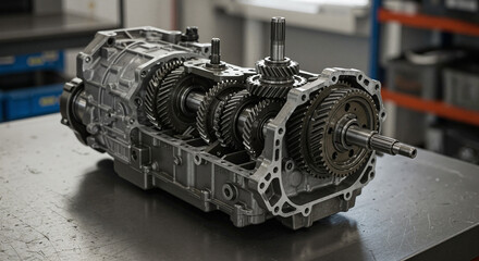 Fototapeta premium Car Transmission Mechanism on a Workbench in a Garage, fixing car 