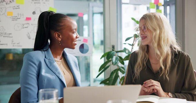 Meeting, research and business women on laptop in office for kpi review, SEO analysis and statistics. Professional, teamwork and workers on computer for planning, digital marketing and online project