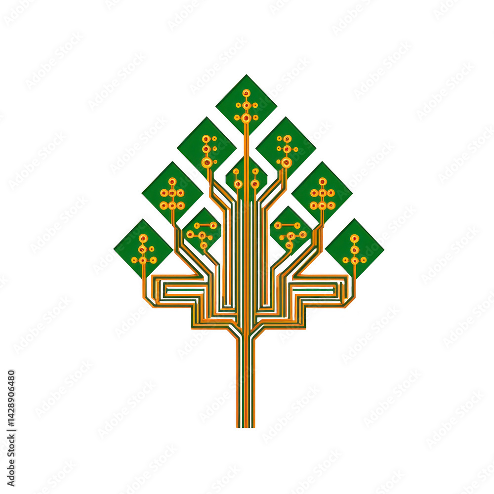 Poster tree shaped circuit board design with green and gold elements symbolizes fusion of technology and na