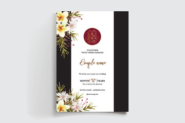 WEDDING INVITATION FRAME WITH FLOWER DECORATIONS AND FRESH LEAVES