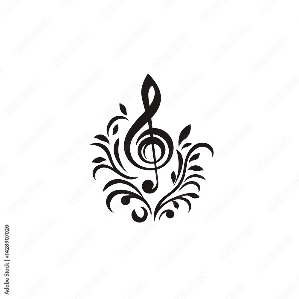 Poster decorative treble clef design with elegant floral elements, creating harmonious blend of music and a