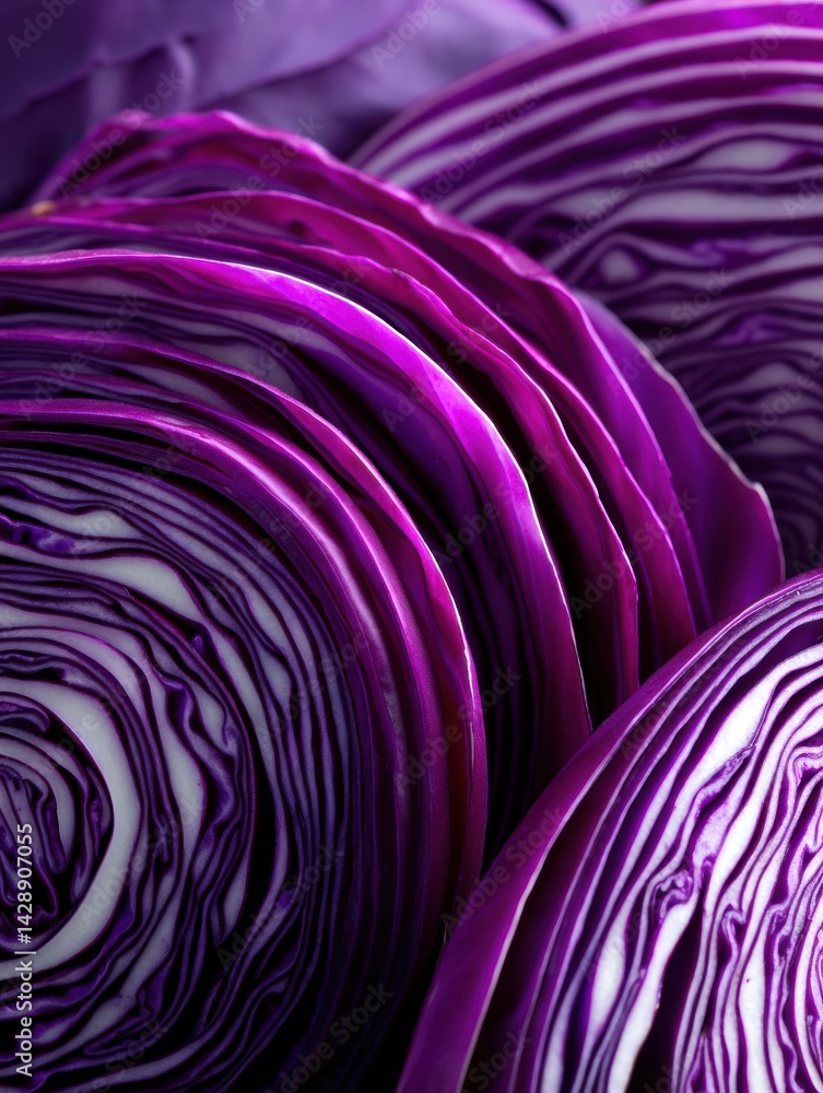 Poster sliced red cabbage showcasing intricate concentric lines and vibrant colors for culinary presentatio