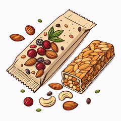 Create a bold, vector illustration of a trail mix snack pack, emphasizing texture and individual ingredients.  Include nuts, seeds, dried fruit.