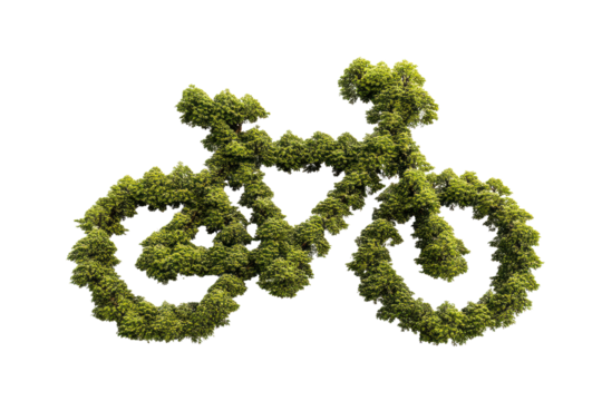 Green bicycle shape made from fresh leaves representing eco transport and sustainability