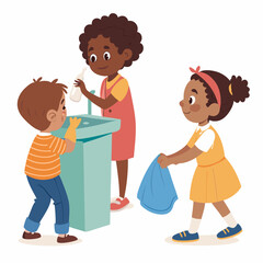 Create a bold vector illustration of diverse children enthusiastically learning about science, emphasizing bright colors and thick outlines.