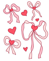 Pink coquette ribbon bows with hearts clipart collection. Perfect for stickers, label, sale, cards, gifts, valentines, party invitations. Hand drawn isolated vector illustration.