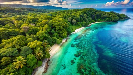 Lush Tropical Paradise Secluded White Sand Beach, Vibrant Turquoise Waters, and Abundant Green Foliage