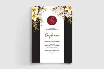 WEDDING INVITATION FRAME WITH FLOWER DECORATIONS AND FRESH LEAVES